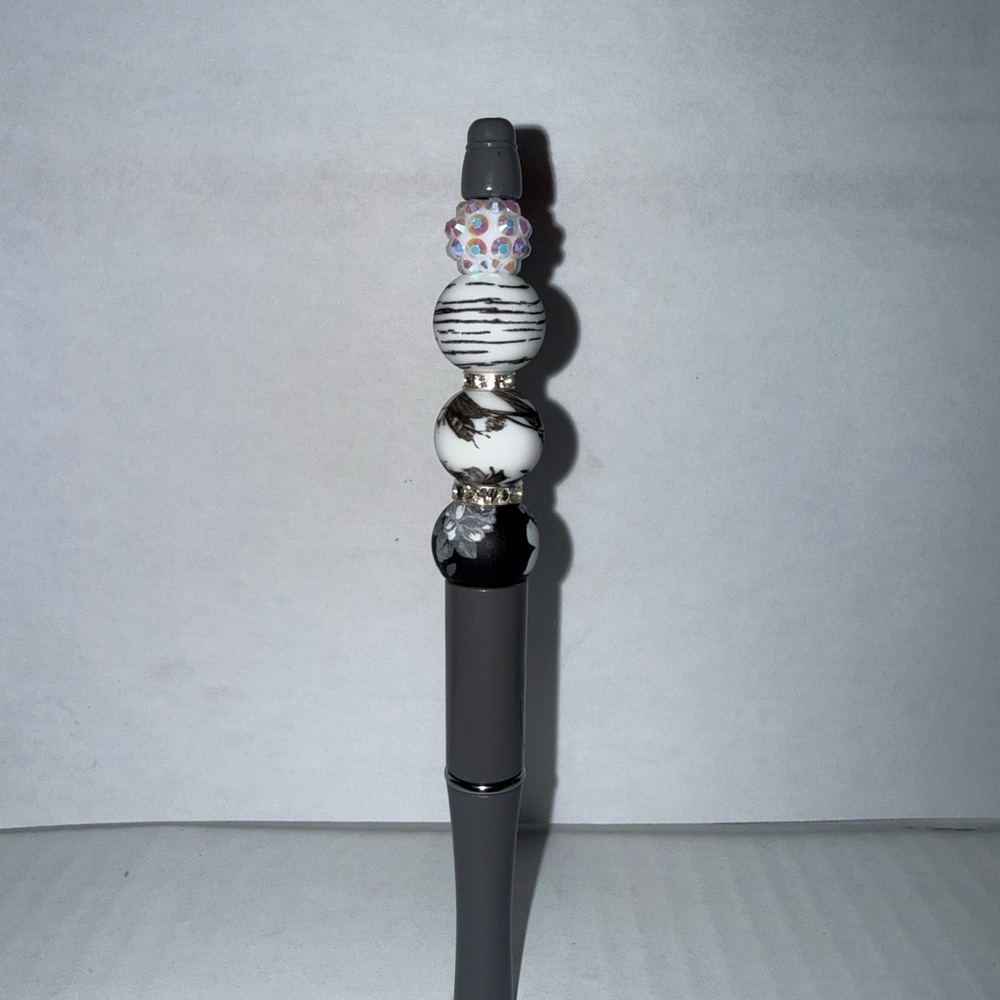 Handmade Beaded-Elegant Black, Grey and White Pen with silicone beads.